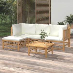 Set Salotto da Giardino 4pz con Cuscini Bianco Crema in Bambù