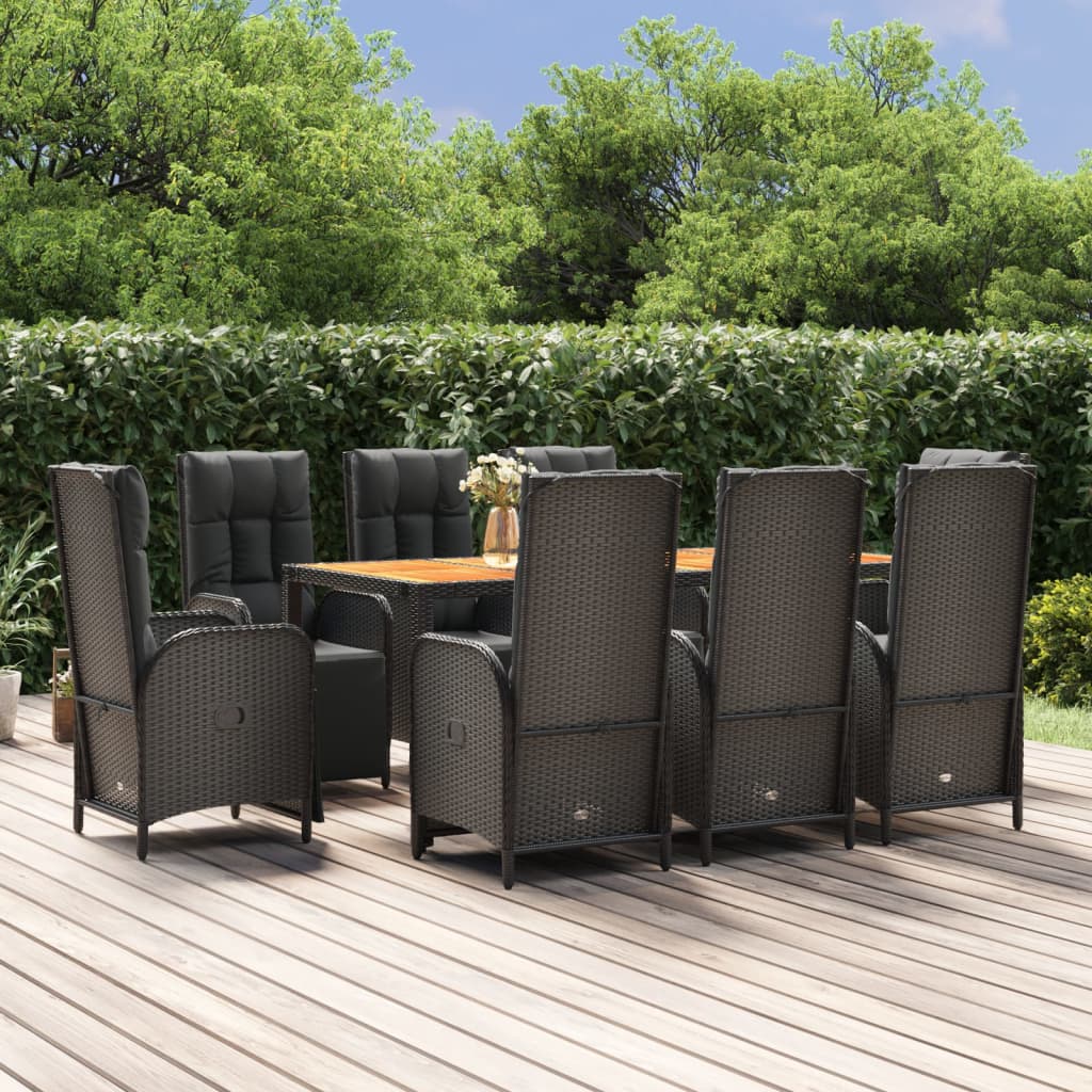 Set da Pranzo da Giardino 9 pz con Cuscini Nero in Polyrattan