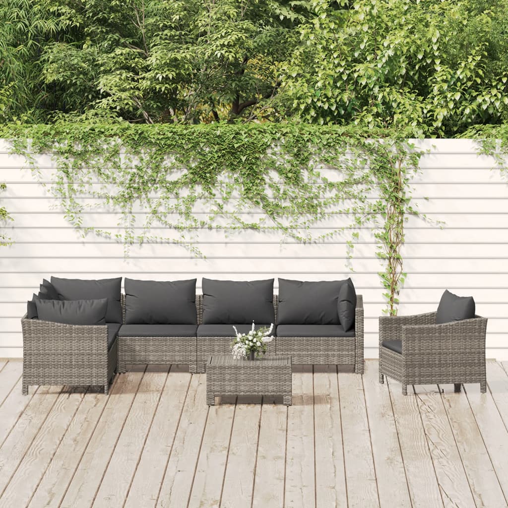 Set Divani da Giardino 7 pz con Cuscini in Polyrattan Grigio