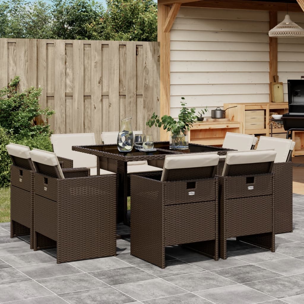 Set Pranzo da Giardino 9 pz con Cuscini Beige Misto Polyrattan