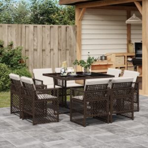 Set da Pranzo da Giardino 9pz con Cuscini Marrone in Polyrattan