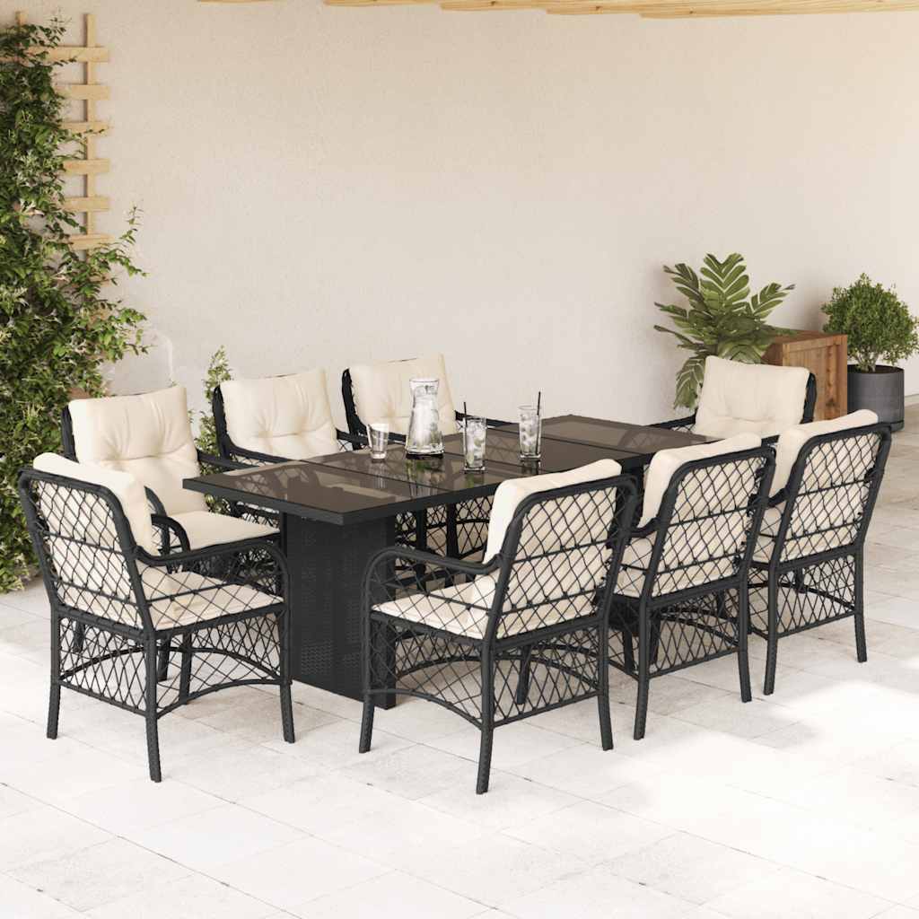 Set da Pranzo da Giardino 7 pz Nero con Cuscini in Polyrattan