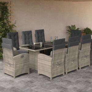 Set Pranzo da Giardino 9pz con Cuscini Grigio Chiaro Polyrattan