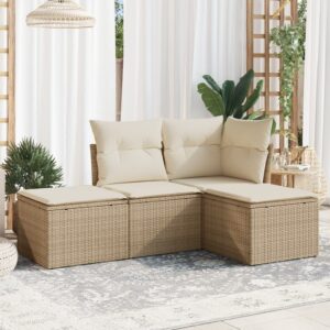 Set Divano da Giardino 4 pz con Cuscini Beige in Polyrattan