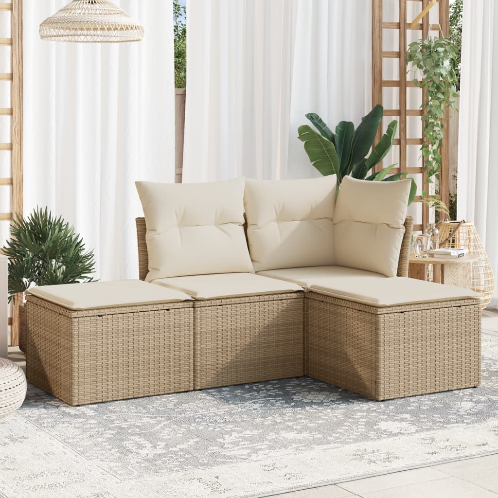 Set Divano da Giardino 4 pz con Cuscini Beige in Polyrattan