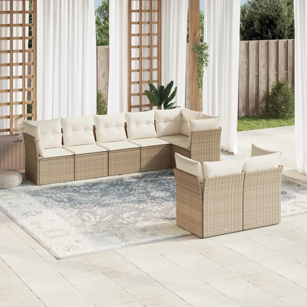 Set Divano da Giardino 9 pz con Cuscini Beige in Polyrattan