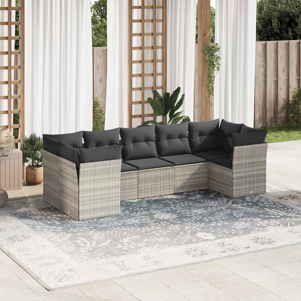 Set Divani da Giardino 7pz con Cuscini Grigio Chiaro Polyrattan