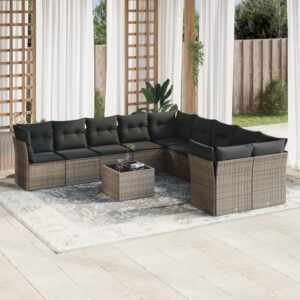 Set Divani da Giardino 10pz con Cuscini in Polyrattan Nero