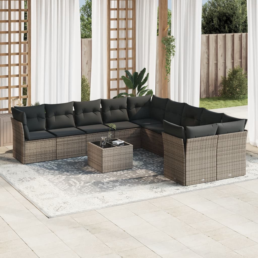 Set Divani da Giardino 10pz con Cuscini in Polyrattan Nero