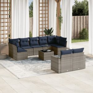Set Divani da Giardino 10 pz con Cuscini Grigio in Polyrattan