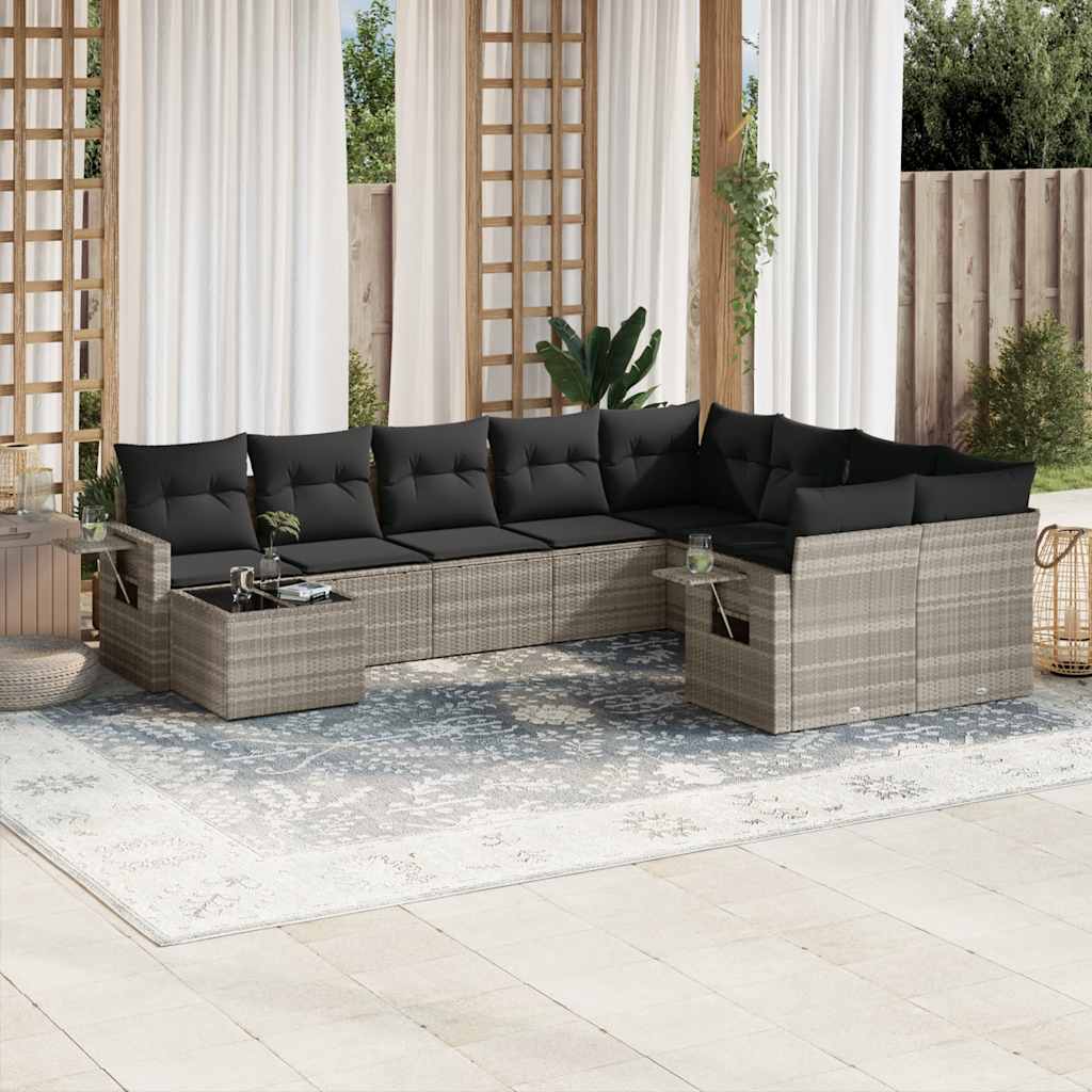 Set Divani da Giardino 10pz con Cuscini in Polyrattan Nero