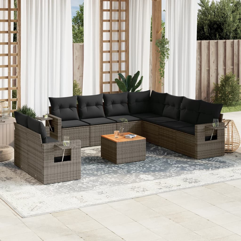 Set Divani da Giardino 10pz con Cuscini in Polyrattan Nero