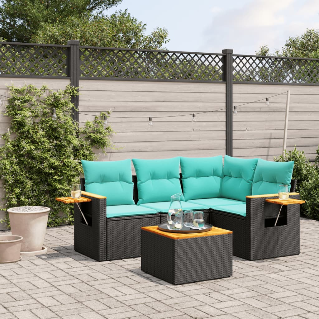 Set Divani da Giardino 5 pz con Cuscini Nero in Polyrattan