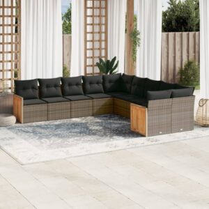 Set Divani da Giardino 10pz con Cuscini in Polyrattan Nero