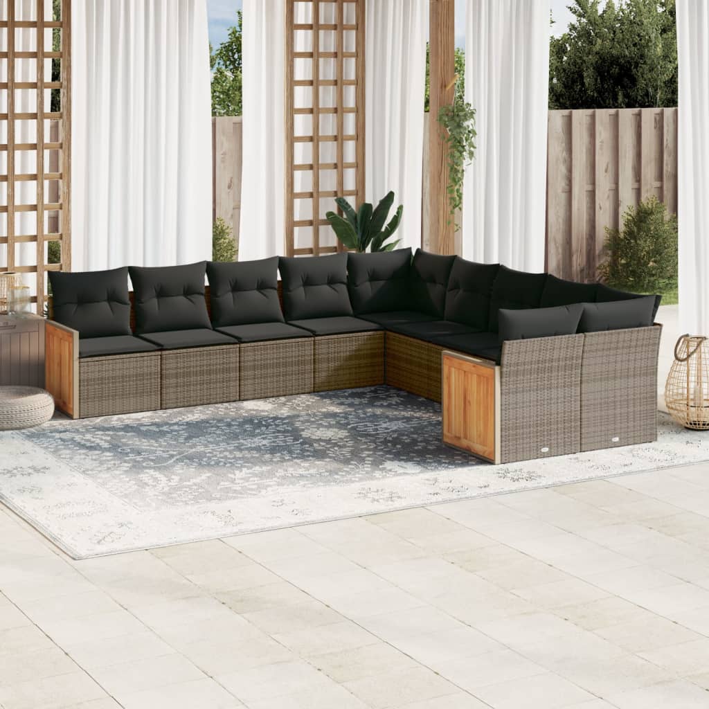 Set Divani da Giardino 10pz con Cuscini in Polyrattan Nero