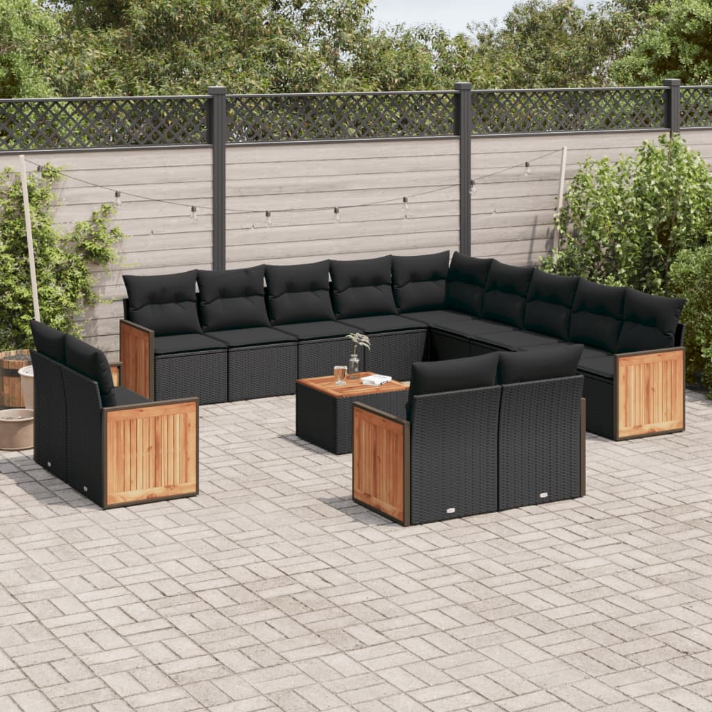 Set Divani da Giardino 13pz con Cuscini Nero in Polyrattan