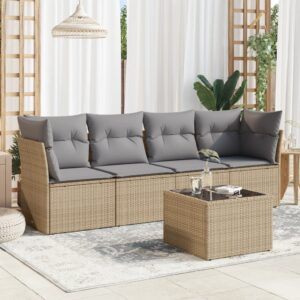 Set Divano da Giardino 5 pz con Cuscini Beige in Polyrattan