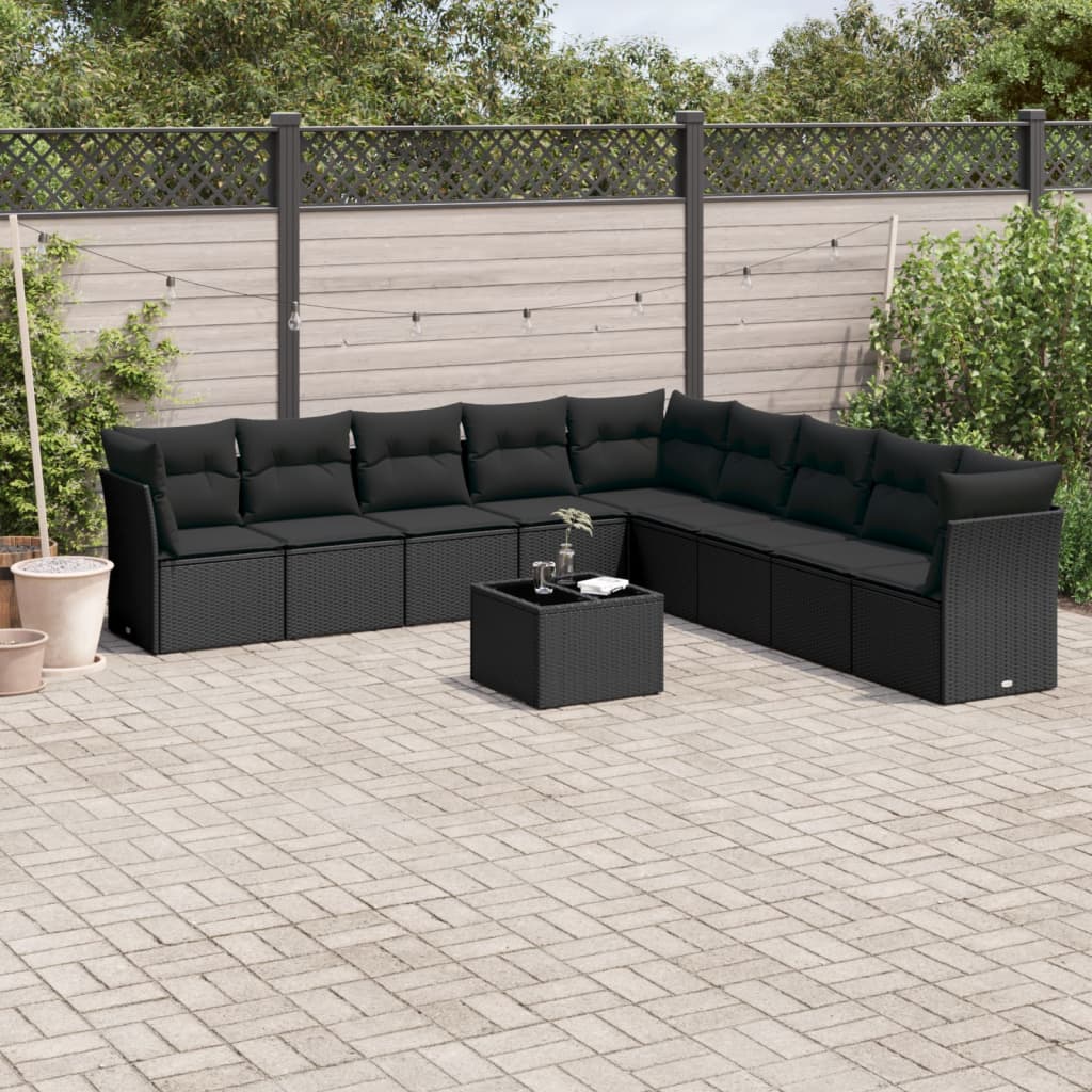 Set Divani da Giardino 9 pz con Cuscini Nero in Polyrattan