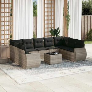 Set Divano Giardino 10 pz con Cuscini Grigio Chiaro Polyrattan