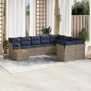 Set Divani da Giardino 10 pz con Cuscini Grigio in Polyrattan