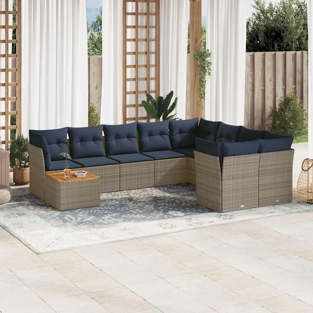 Set Divani da Giardino 10 pz con Cuscini Grigio in Polyrattan