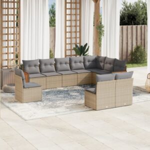 Set Divani da Giardino 10pz con Cuscini in Polyrattan Nero