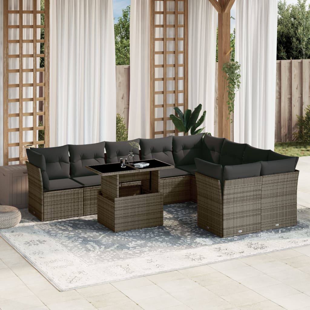 Set Divani da Giardino 10pz con Cuscini in Polyrattan Nero