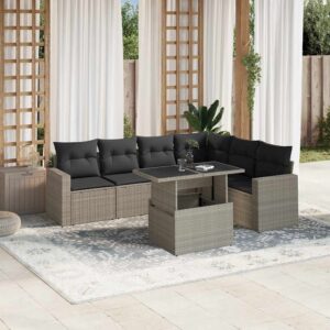 Set Divani da Giardino 7pz con Cuscini Grigio Chiaro Polyrattan