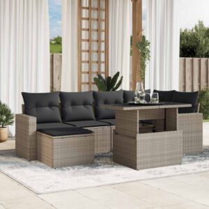 Set Divani da Giardino 7pz con Cuscini Grigio Chiaro Polyrattan