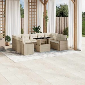 Set Divano da Giardino 10 pz con Cuscini Beige in Polyrattan