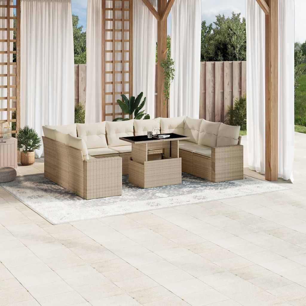 Set Divano da Giardino 10 pz con Cuscini Beige in Polyrattan