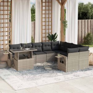 Set Divano Giardino 10 pz con Cuscini Grigio Chiaro Polyrattan