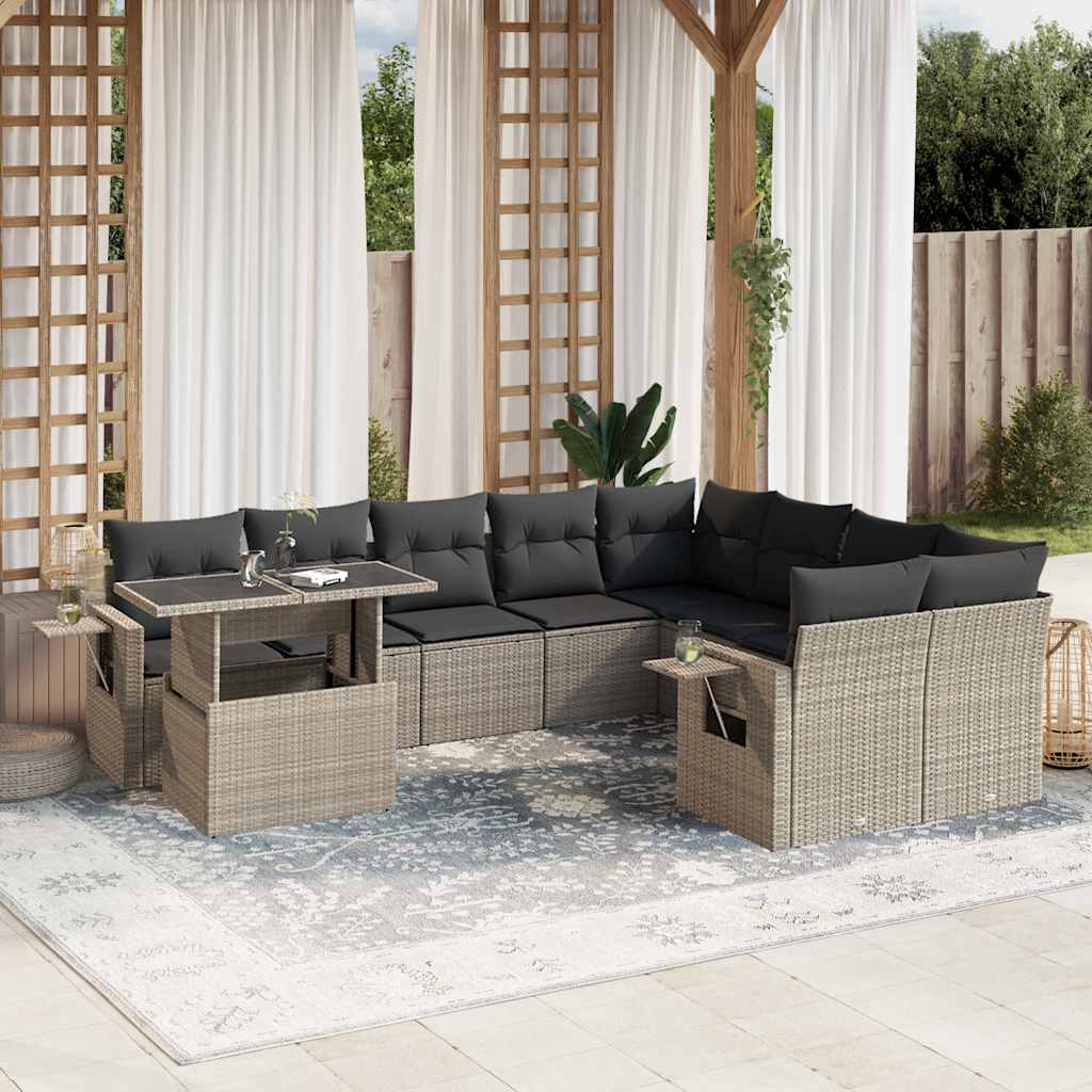 Set Divano Giardino 10 pz con Cuscini Grigio Chiaro Polyrattan