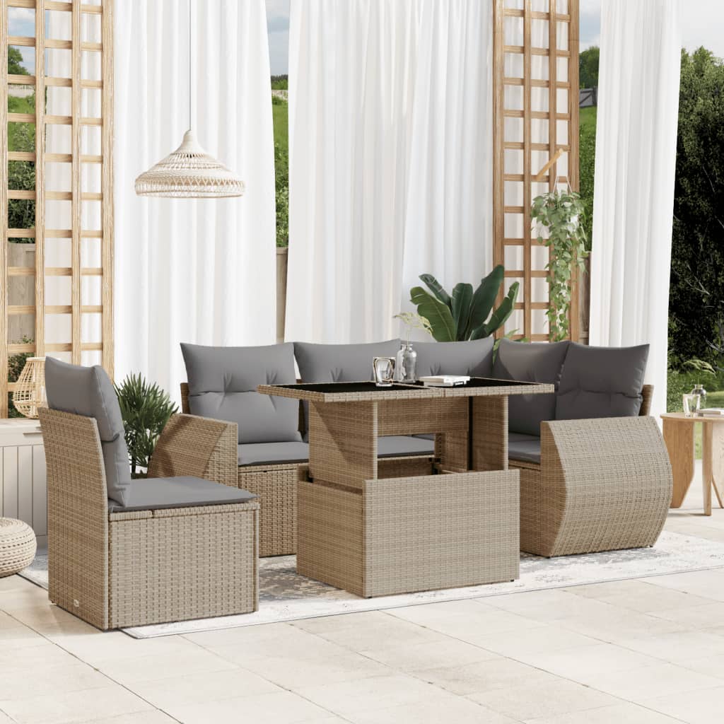 Set Divano da Giardino 6 pz con Cuscini Beige in Polyrattan