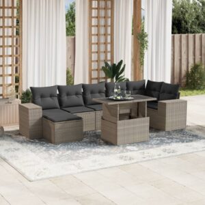 Set Divano da Giardino 8pz con Cuscini Grigio Chiaro Polyrattan