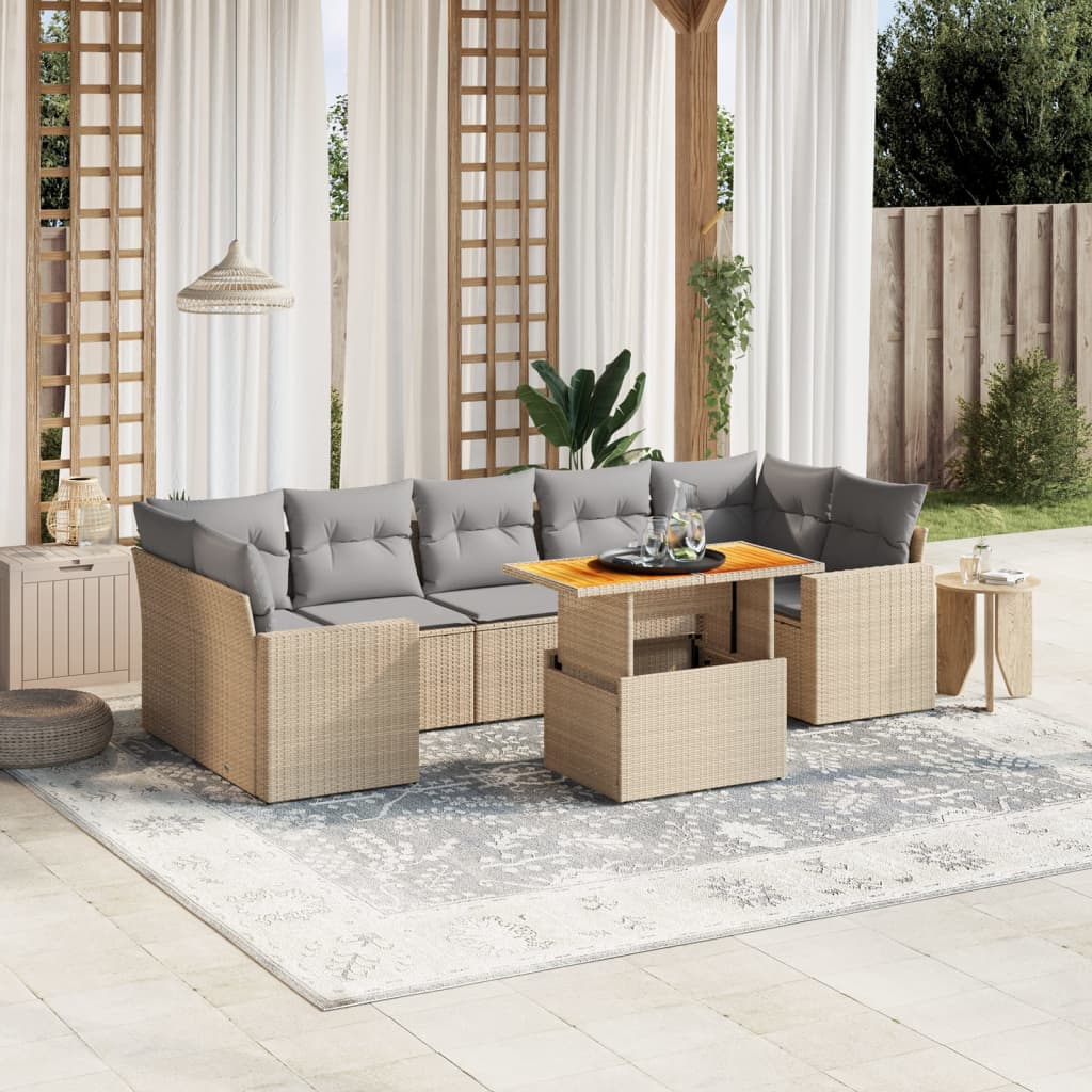 Set Divano da Giardino 8 pz con Cuscini Beige in Polyrattan