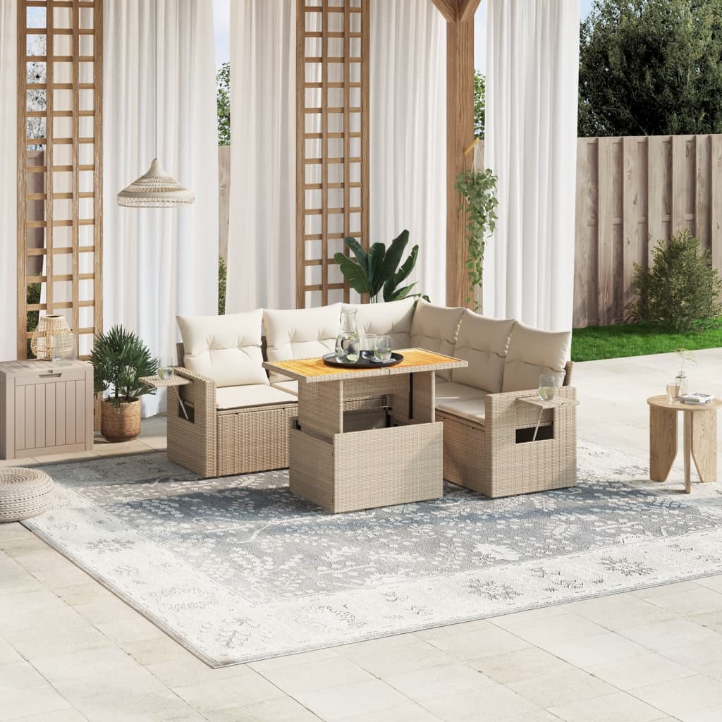 Set Divano da Giardino 6 pz con Cuscini Beige in Polyrattan