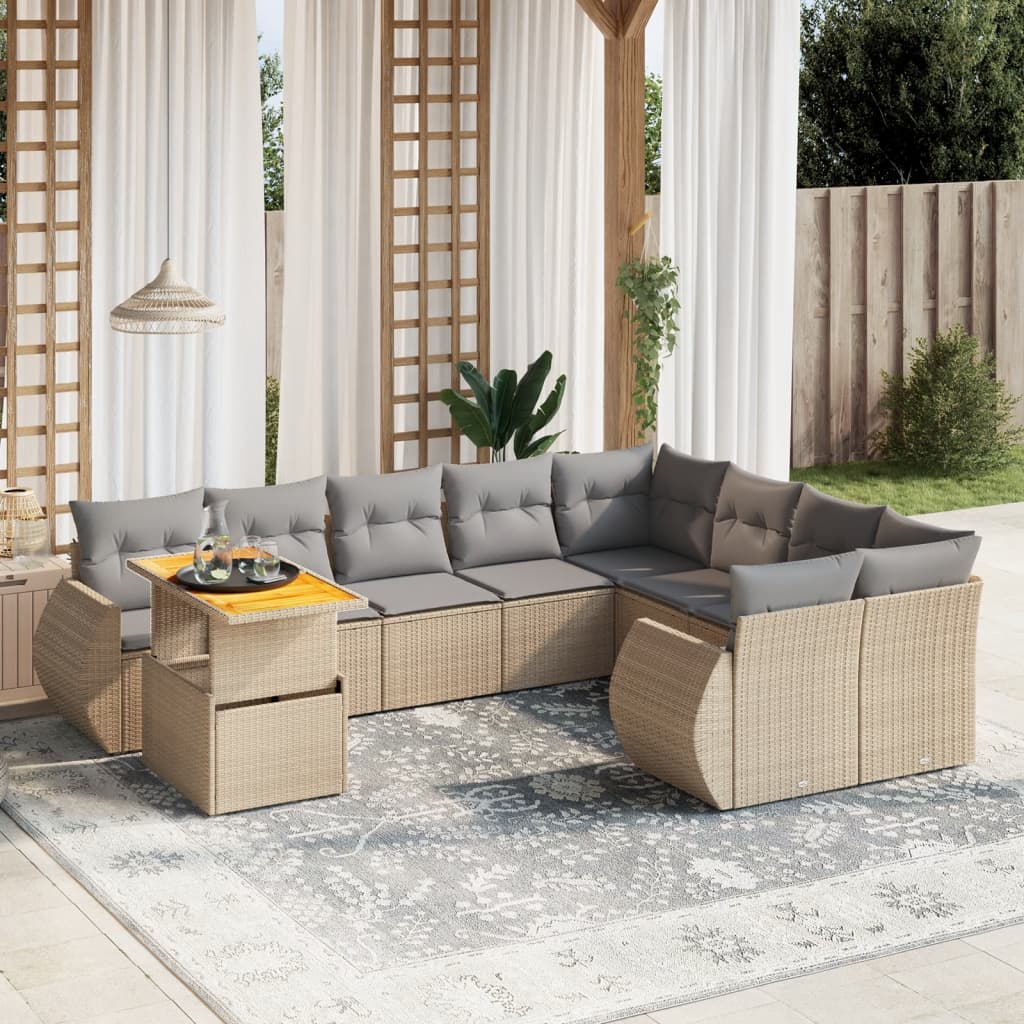Set Divani da Giardino 10pz con Cuscini in Polyrattan Nero
