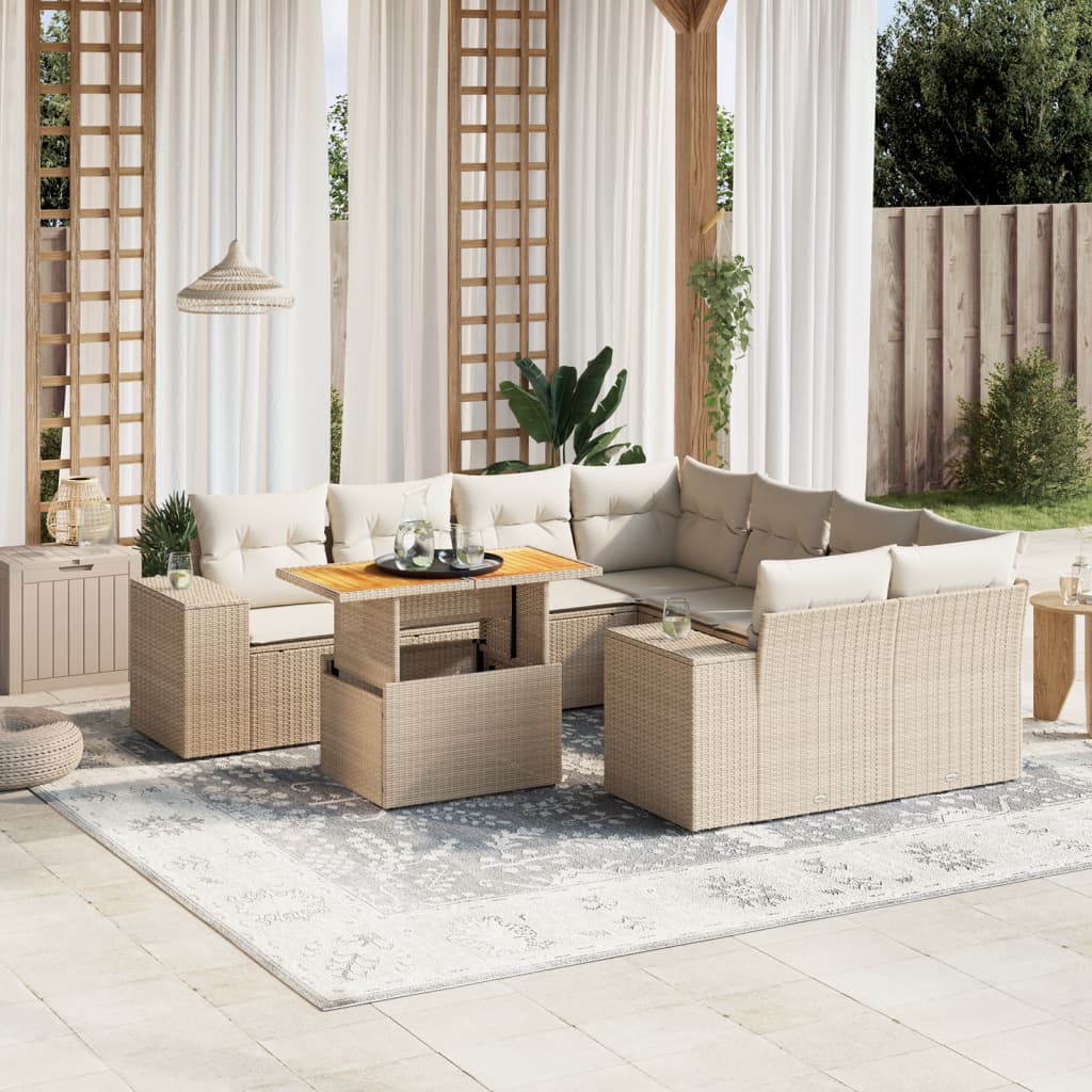 Set Divani da Giardino 9 pz con Cuscini Nero in Polyrattan