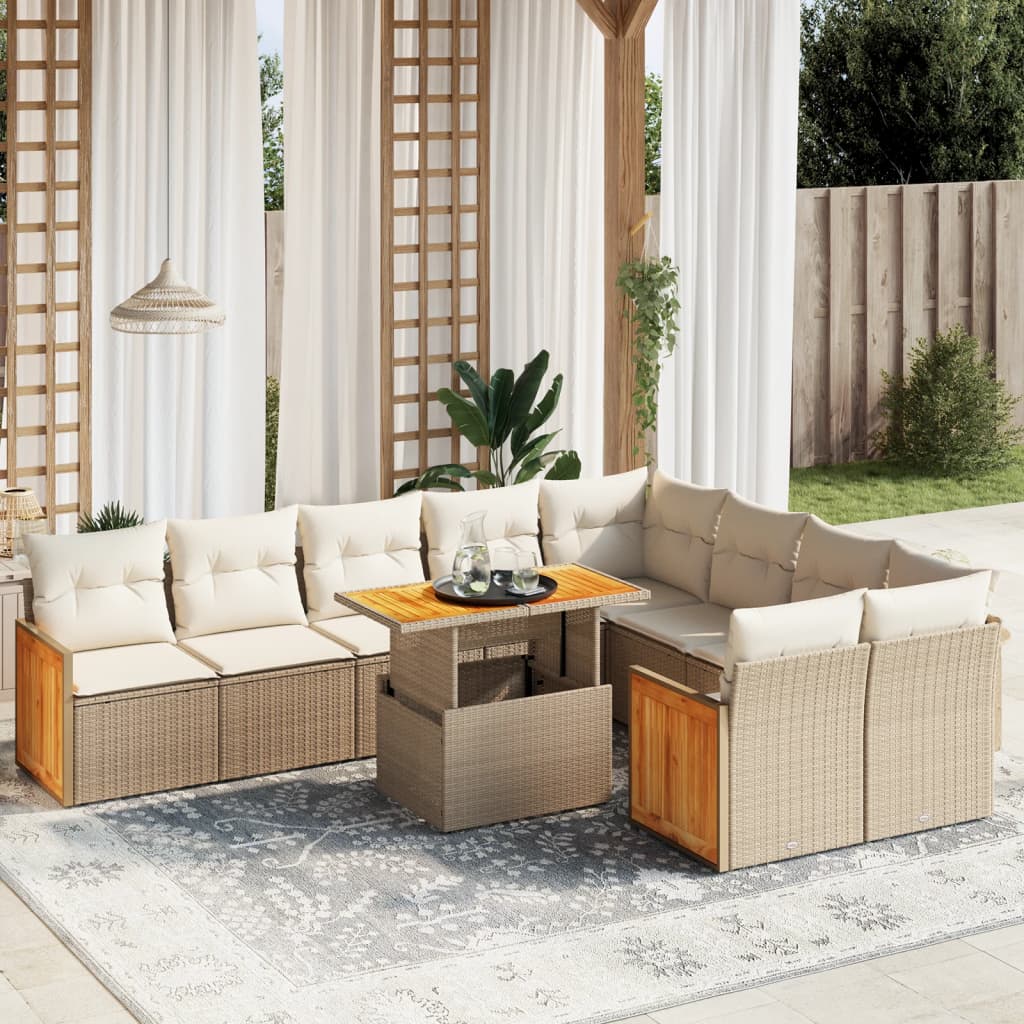 Set Divani da Giardino 10pz con Cuscini in Polyrattan Nero