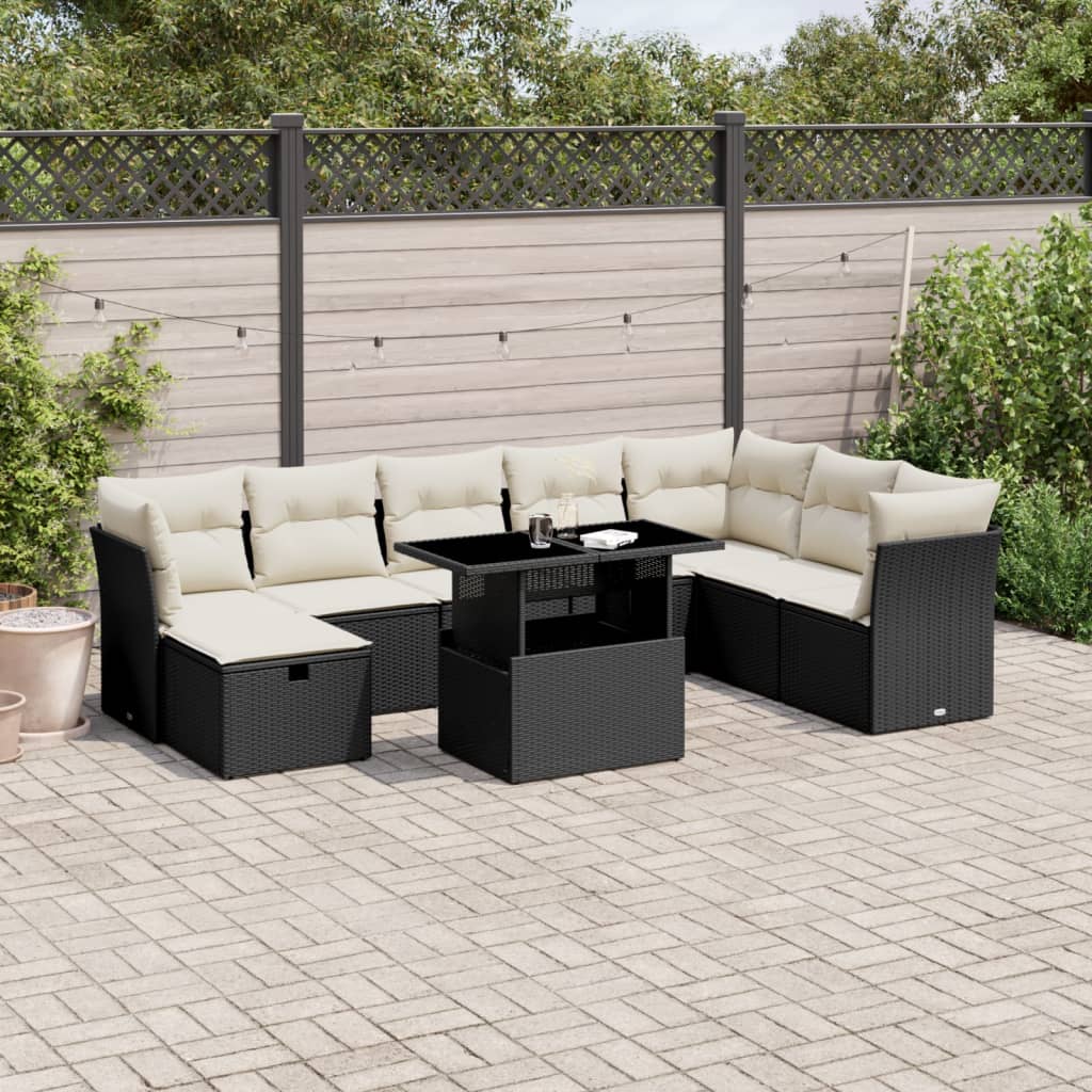 Set Divano da Giardino 9 pz con Cuscini Beige in Polyrattan