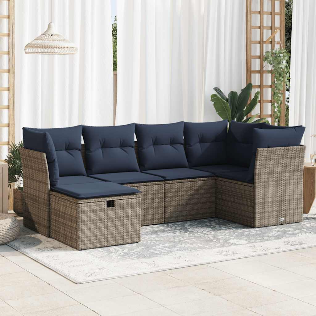 Set Divano da Giardino 6 pz con Cuscini Grigio in Polyrattan