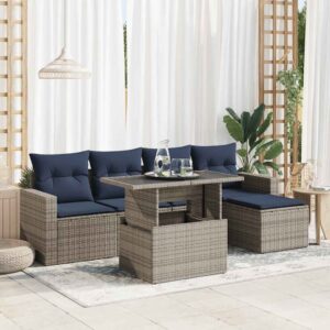 Set Divano da Giardino 6pz con Cuscini Grigio Polyrattan Acacia