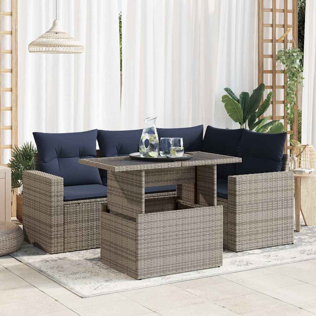 Set Divano Giardino 5 pz con Cuscini Grigio Polyrattan Acacia