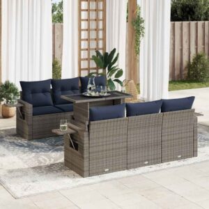 Set Divani da Giardino 7pz con Cuscini Marrone Polyrattan Acacia