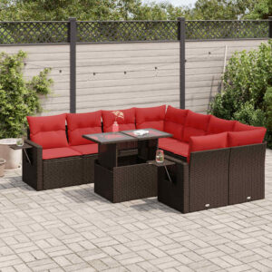 Set Divano da Giardino 9pz con Cuscini Marrone Polyrattan Acacia