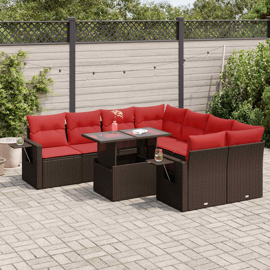 Set Divano da Giardino 9pz con Cuscini Marrone Polyrattan Acacia
