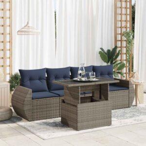 Set Divano da Giardino 5 pz Cuscini Marrone Polyrattan e Acacia