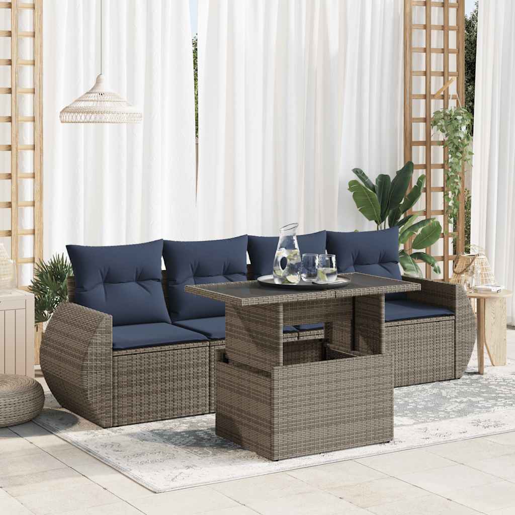 Set Divano da Giardino 5 pz Cuscini Marrone Polyrattan e Acacia