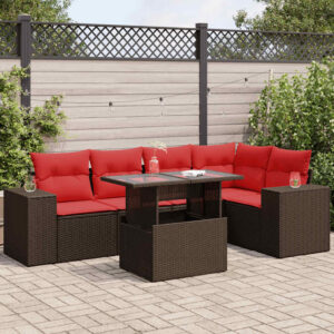 Set Divano da Giardino 6 pz con Cuscini Nero Polyrattan Acacia